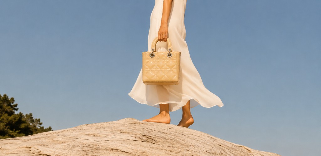 Luxelle Paris Prestige — beige quilted handbag, outdoor lifestyle